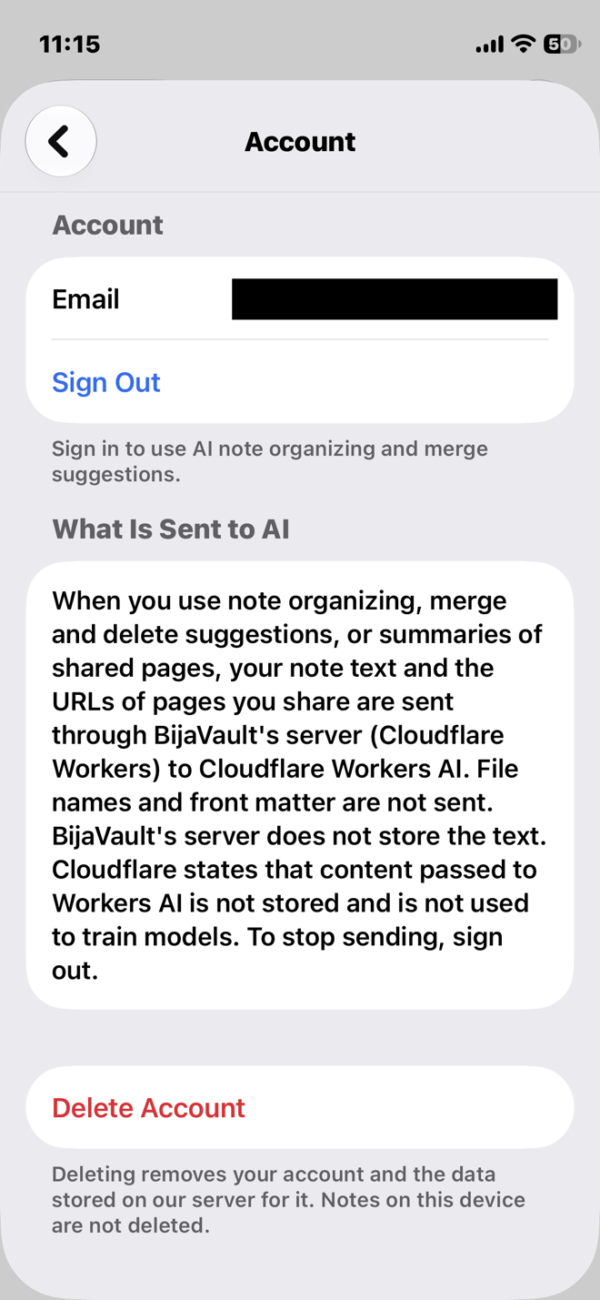 The Account screen. Under What Is Sent to AI, it explains that note text and the URLs of shared pages are sent through the BijaVault server to Cloudflare Workers AI, that the server does not store the text, and that signing out stops the sending.